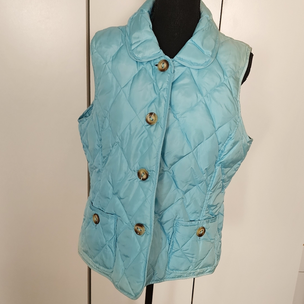 Talbots Down Puffer Vest Womens  Blue Button Up Pockets Quilted